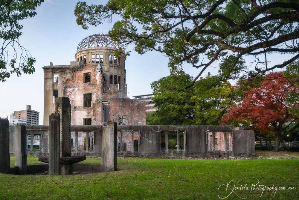 Hiroshima The ruin of the Atomic Bomb Dome at sunset 